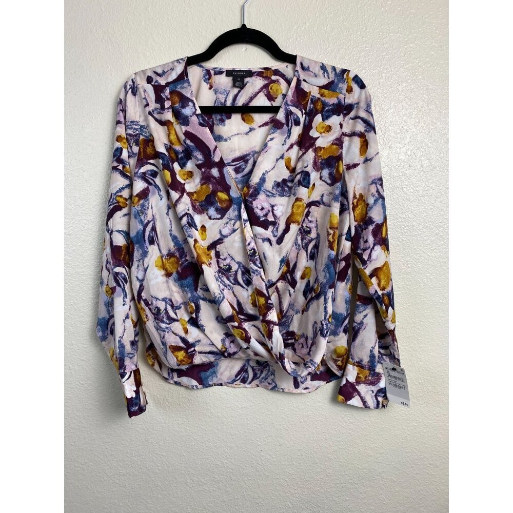New Halogen Top Womens size XS Pink Hero Camo Faux Wrap Floral Career Office